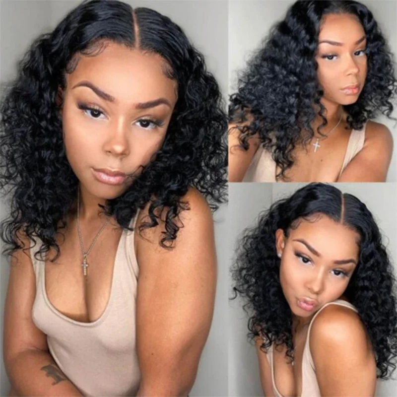 Parrucche Bob a onde profonde Parrucche anteriori in pizzo 13×4 per capelli umani Bob corti con capelli da bambino per donne nere Densità del 150%