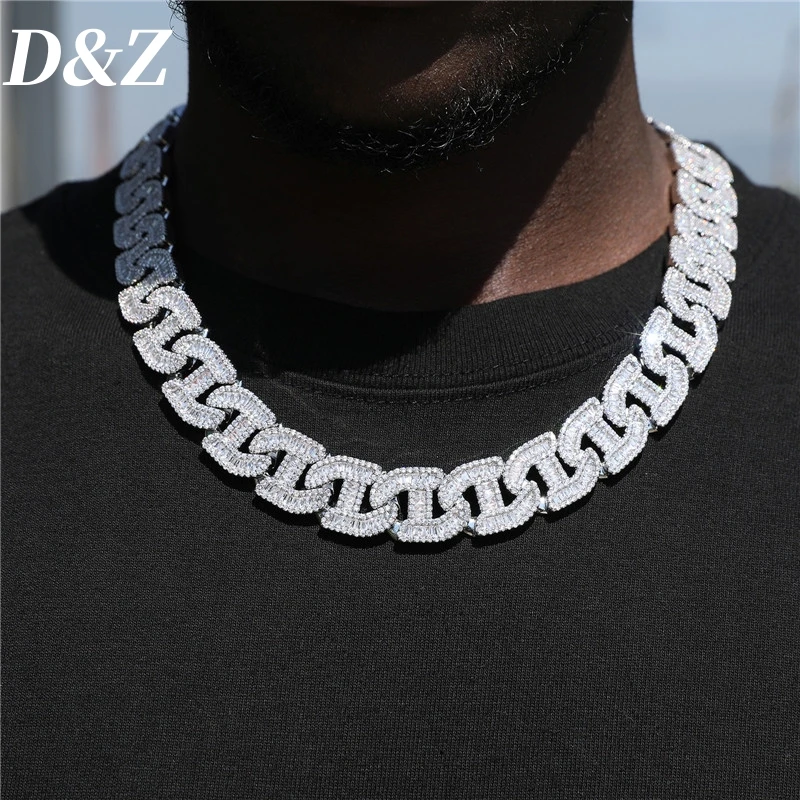 

D&Z Shining Full Zircon Baguette Cuban Link Chain Necklace For Men Spring Buckle Iced Out Bling AAA Stones Hip Hop Jewelry