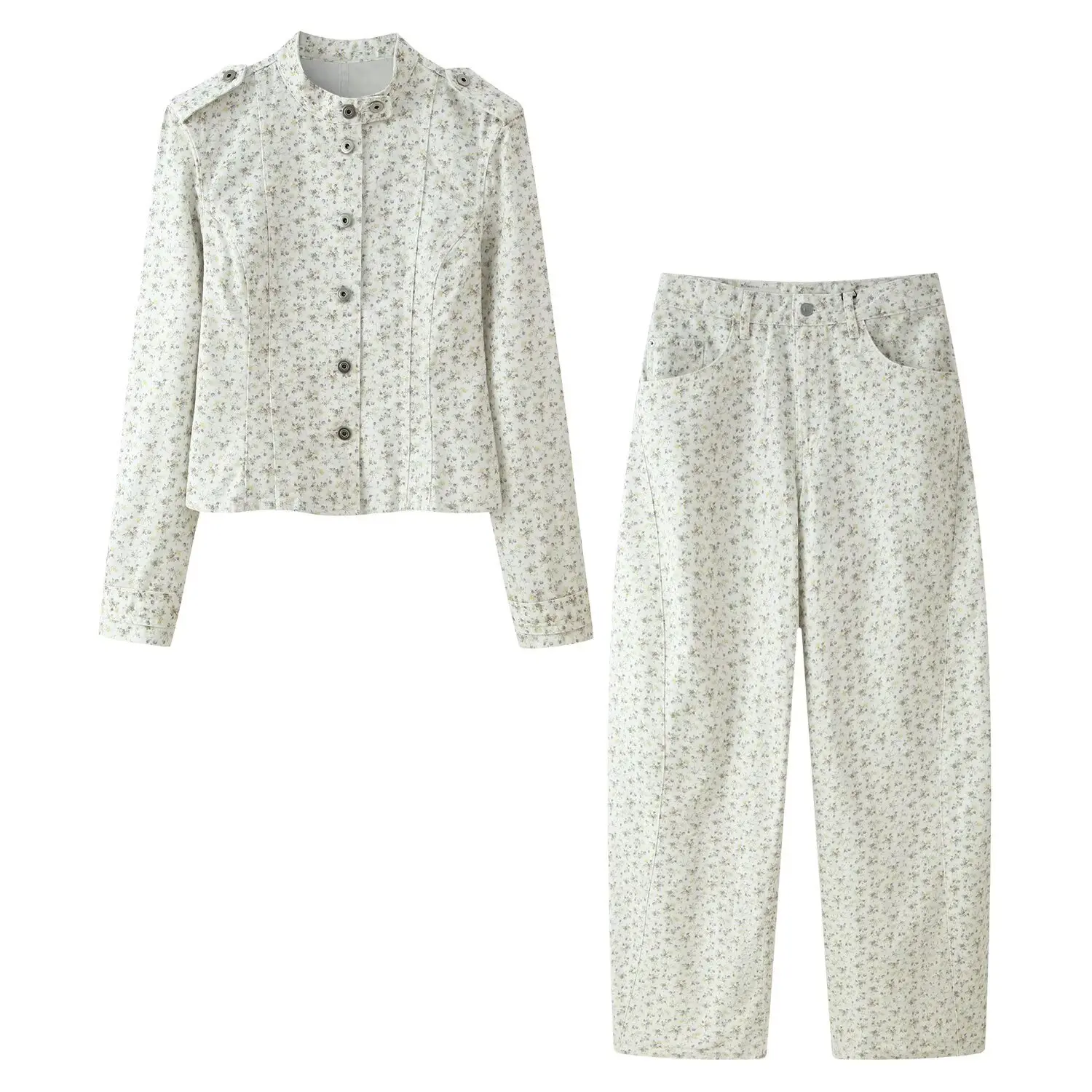 Women Spring Floral Print 2 Piece Set Stand Collar Button Up Jacket Loose High Waist Straight Denim Pants Suit Chic Streetwear