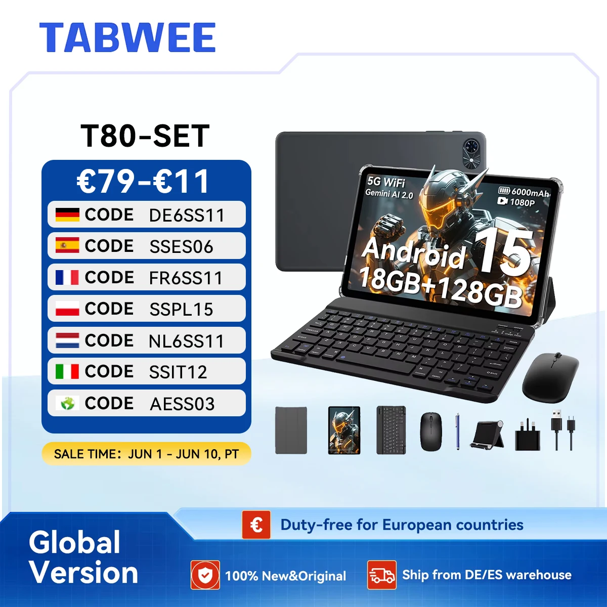 TABWEE T80 Android 15 Tablet 18GB RAM+128GB ROM (2TB TF), Tablet