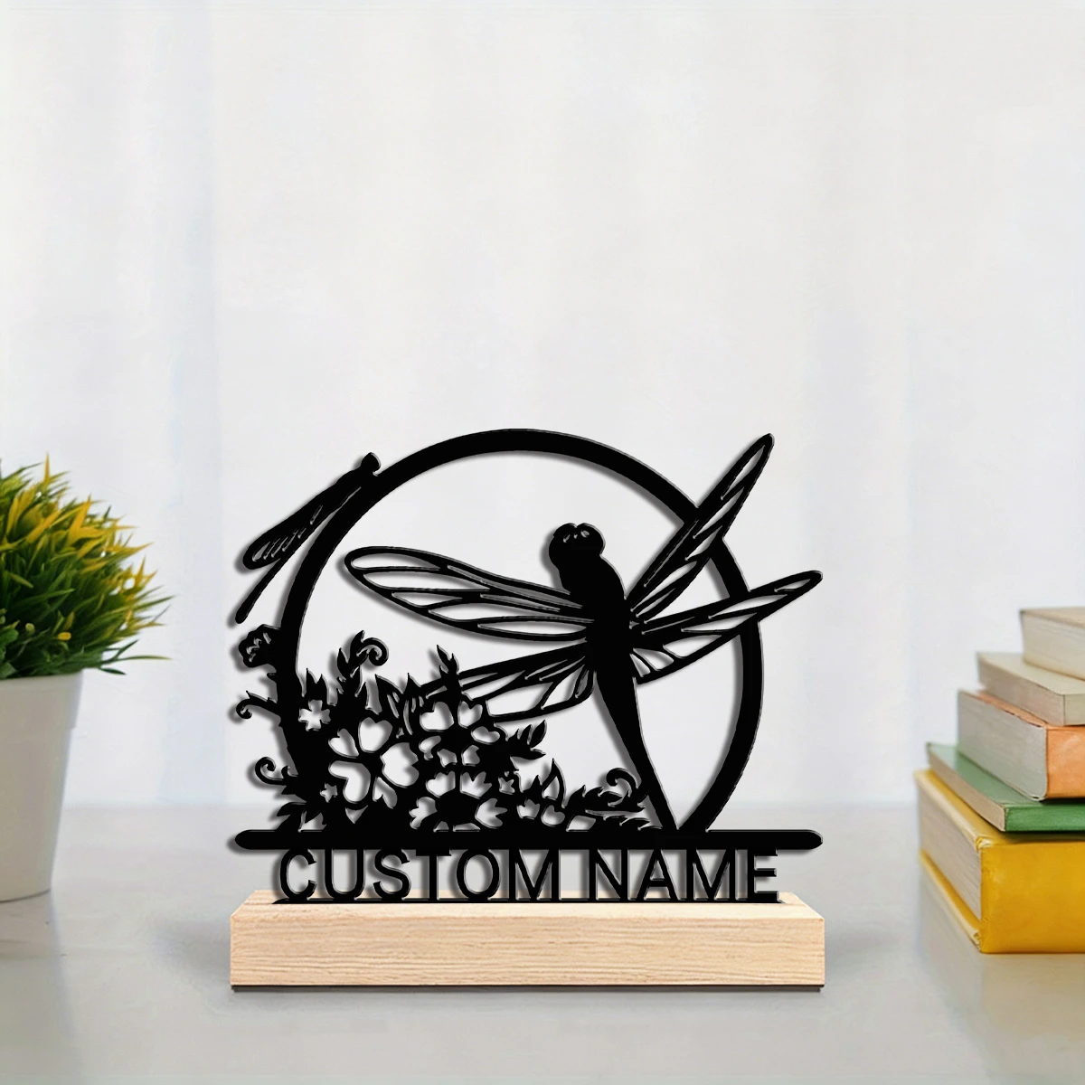 Figura Decorativa de Hierro con Diseño de Libélula y Flores, Diseño de Silueta con Texto Personalizado, Decoración para el Hogar, Estudio y Oficina