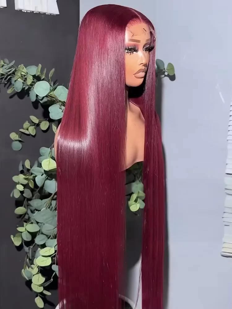 

200% 99J Burgundy 13x4 Hd Transparent Lace Frontal Human Hair Wigs Red Wine 99J Colored Straight Wigs Pre Plucked