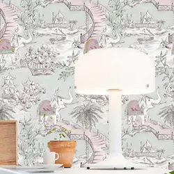 Nomadic Nabateo Wallpaper, Toile de Jouy style wal lpaper with majestic elephants, ships, palaces and plants