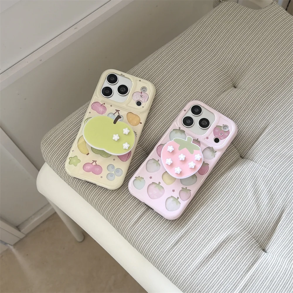 

Cute Cherry Strawberry Phone Case for iPhone 16 Pro 15 Max 14 13 17 Pro Max Case with Bracket Cases Kawaii Funda Shockproof cove