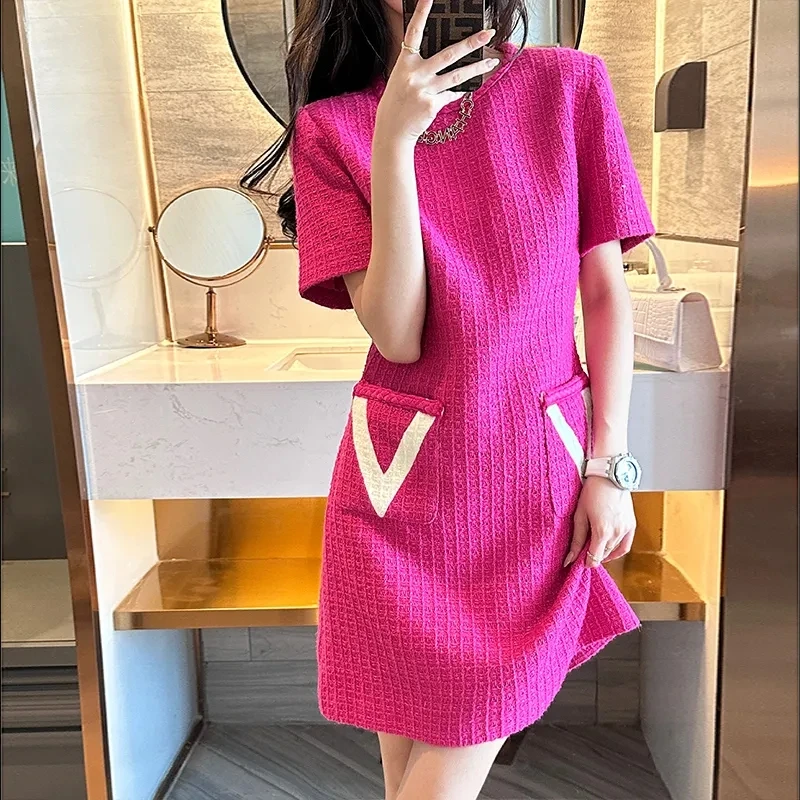 

Summer New Women's Tweed Round Neck Straight Tube Pink Chic Slim Party Dress Sweet