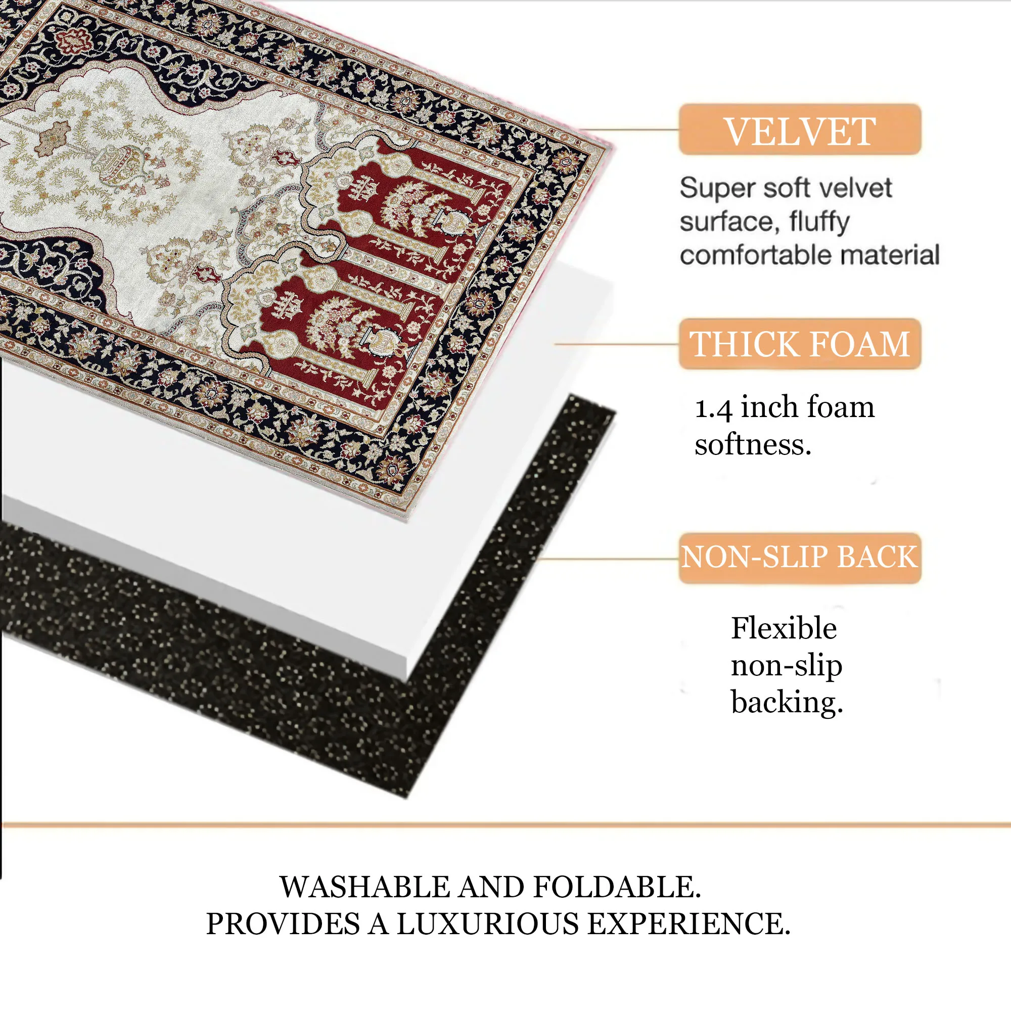 Extra Thick Foam Padded Turkish Luxury Gold Beige Prayer Rug, Yaseen, Soft Praying Mat Carpet & Pearl Tasbeeh, İslamic Gift Set