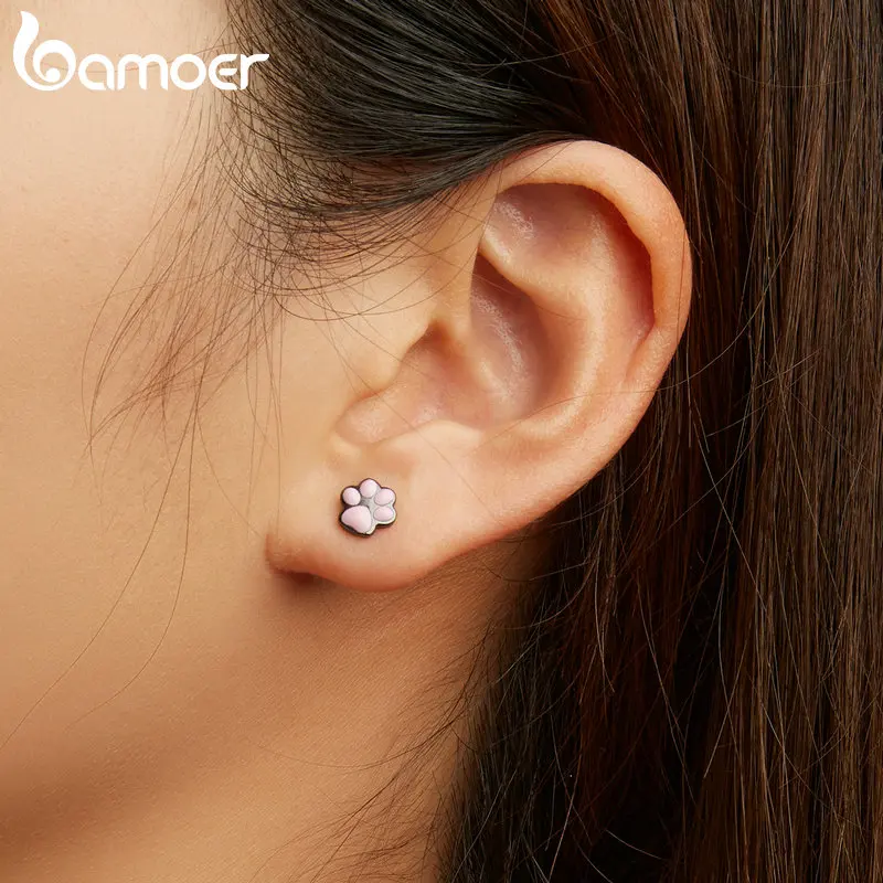 Bamoer S925 Sterling Silver Black cat\'s Claw Stud Earrings Cute Pink Cat\'s Ear Ear Buckle For Women Fine Jewelry Gift For Girl