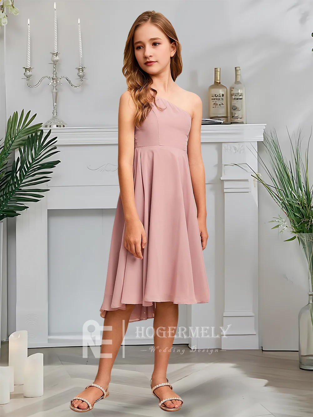 JLY Kids A Line Junior Bridesmaid Dress Flower Girl Dress Chiffon One Shoulder Floor Length Ideal For Girls Special Formal Event