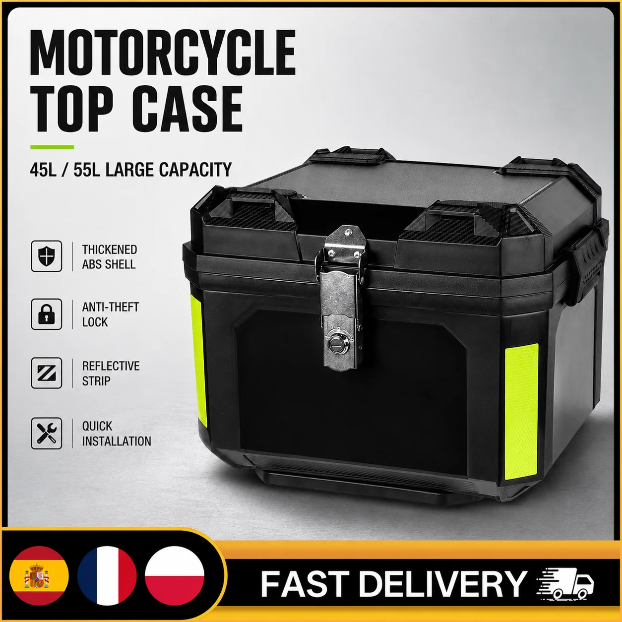 Top Case Moto Universel 45L/55L en ABS, Boîte Arrière Étanche Verrouillable pour Casque avec Base Antichoc pour Voyage en Moto