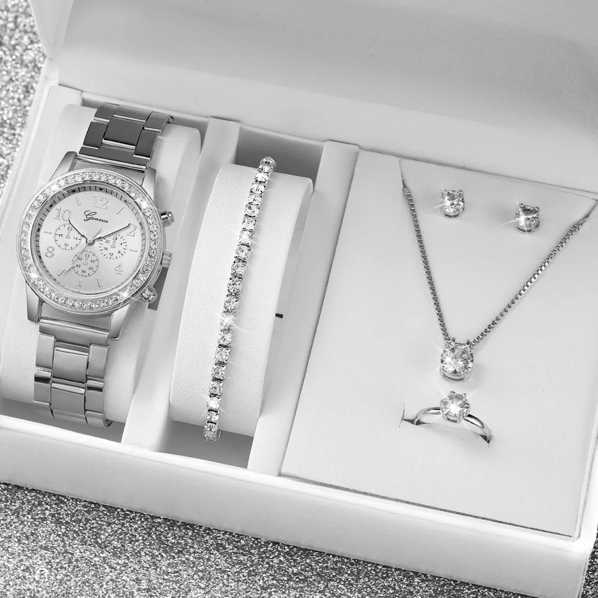 6 sztuk/zestaw zegarek damski moda srebrny stalowy pasek analogowe zegarki kwarcowe zestaw biżuterii diamentowej (bez pudełka) — zdjęcie 2