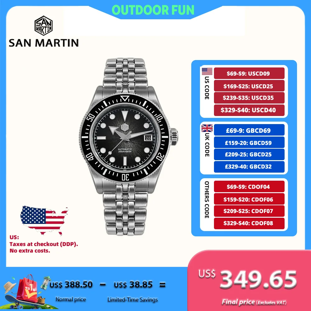 

San Martin 40 мм 9015 Градиент JianZhan Dial Мужские часы для дайвинга 3H Date Новый браслет с 5 звеньками на застежке Fly BGW-X1 20 бар SN0148