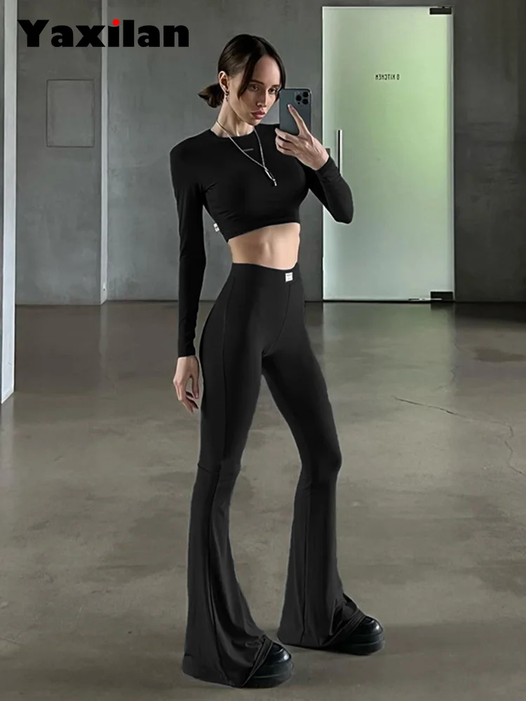 InsLucky-Casual Sports Suit for Women,High Waist Flare Pants,O Neck Long Sleeve,Slim Crop Top,Two Piece Set,Solid Tracksuit,2024