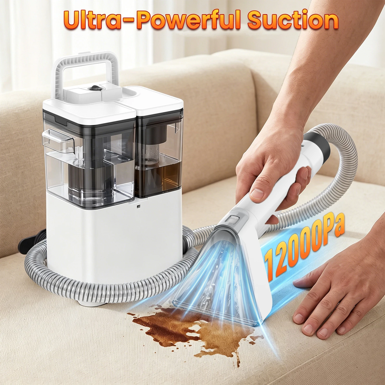 Nettoyeur de tissus portable, puissance d'aspiration de 12 kPa, nettoyage en profondeur pour tapis, canapé, tapis de sol, rembourrage, escaliers, animaux domestiques, intérieur de voiture, conception à double réservoir, facile à utiliser avec des buses multifonctionnelles, application polyvalente