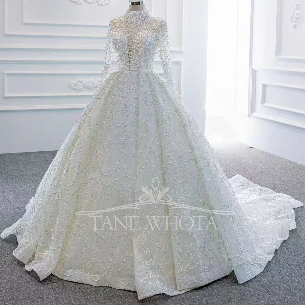 Vestido de novia de perlas, cuello alto, manga larga, vestido de fiesta blanco marfil de lujo, vestidos de novia