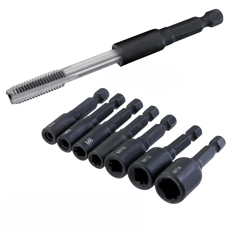 6szt Adapter nasadki do gwintownika 1/4 '' Śruba maszynowa z chwytem sześciokątnym Narzędzie do gwintowania wtyczki metrycznej do wiertarki elektrycznej M4 M5 M6 M8 M10 M12 — zdjęcie 2