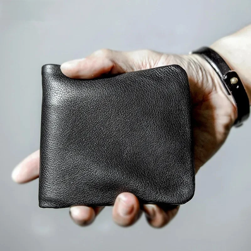 PNDME wysokiej jakości miękki skórzany portfel męski na co dzień prosta młodzież pełna skóra bydlęca cienkie etui na karty kredytowe czarna torebka — zdjęcie 2