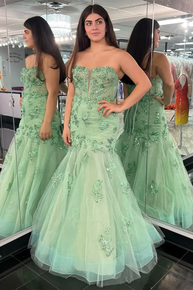 Gorgeous Strapless Long Tulle Formal Evening Dress With Appliques  Mermaid 3d Floral Prom Gown Women Special Occasion Dresses