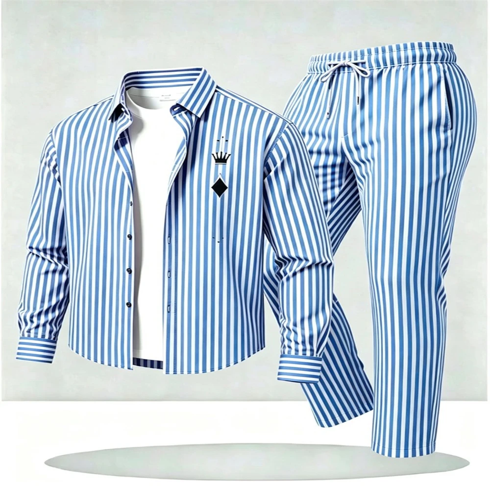 men-striped-2-piece-set-long-sleeve-lapel-shirt-drawstring-trousers-crown-poker-print-casual-men-outfit
