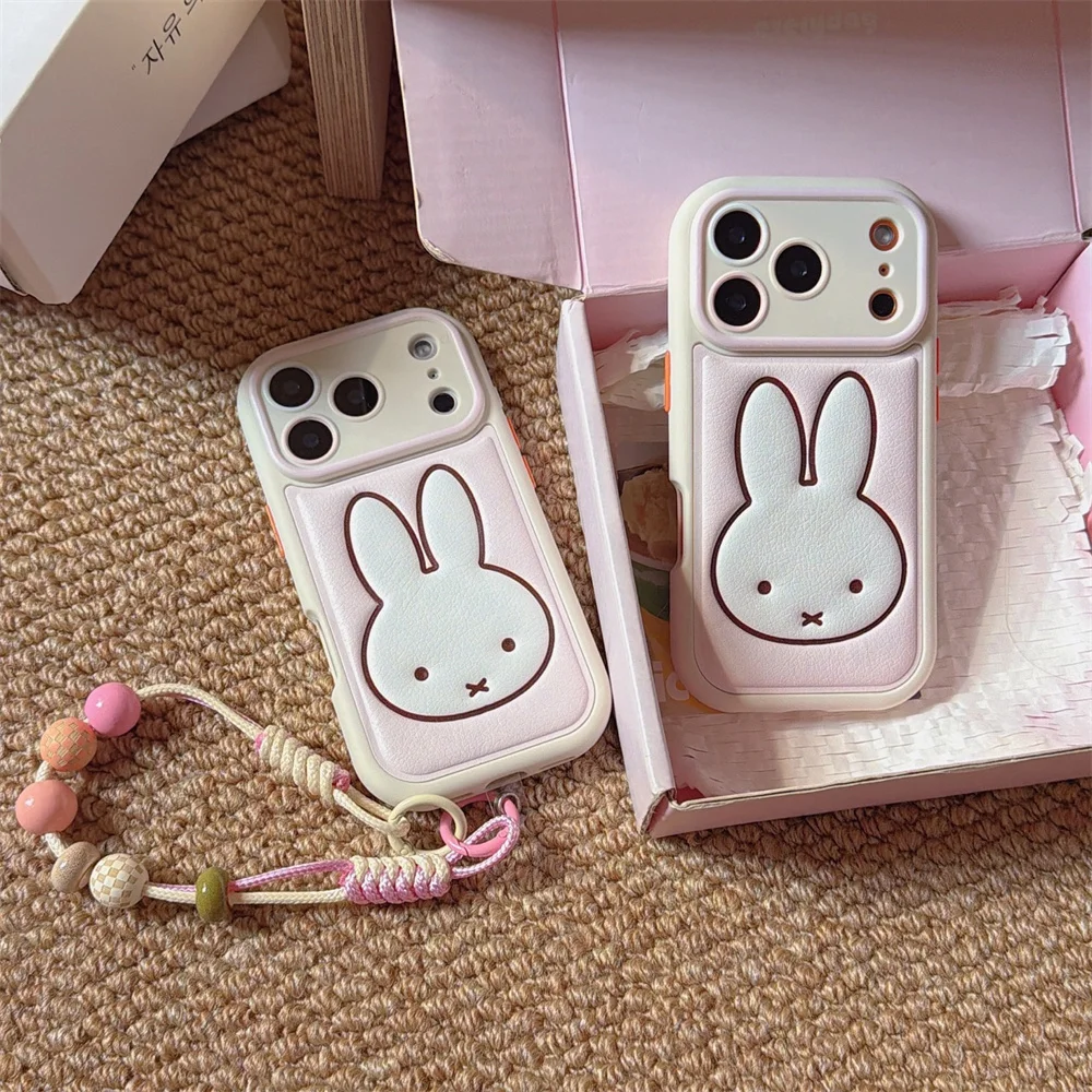

Korean Ins Simple Line Miffy Rabbit Phone Case for iPhone 17 Pro 13 14 15 Max 16 Pro Max Cases with Chain Cute Shockproof Fundas