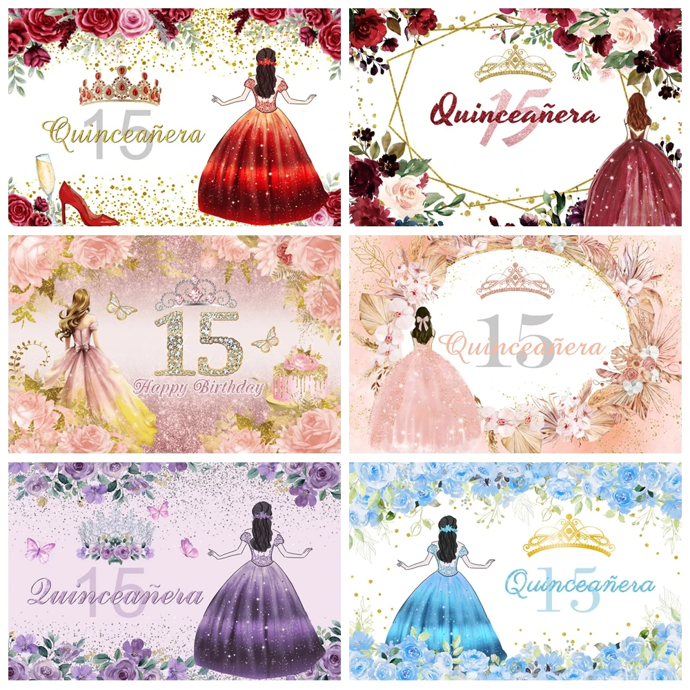 Quinceanera 15th 16th Princess Birthday Party Photography Backdrop Sweet Girl Flowers Dress Glitter Crown Photo Background Decor