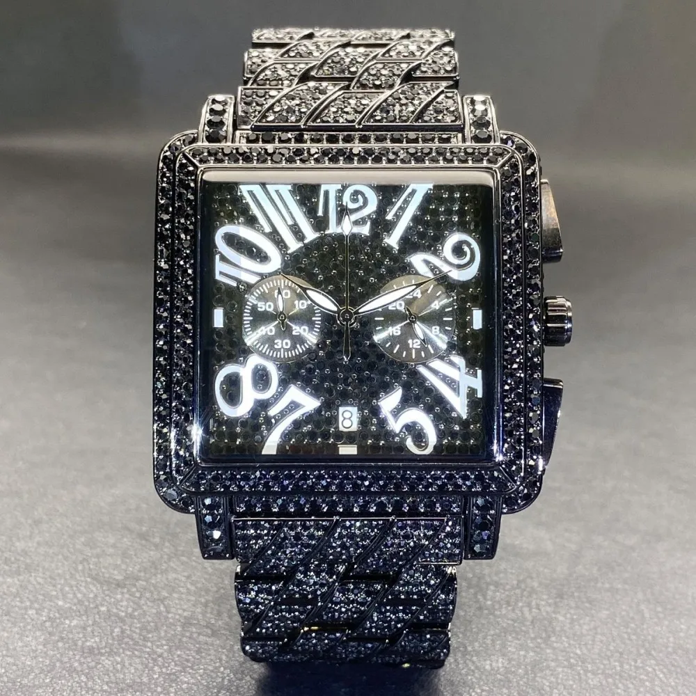 Missfox Men Iced Out Big Square Watch Full Diamond Gold Alloy Quartz Wristwatch Multifunction Chronograph Hip Hop Bling Waterproof Business Male Luxury Clock Gift