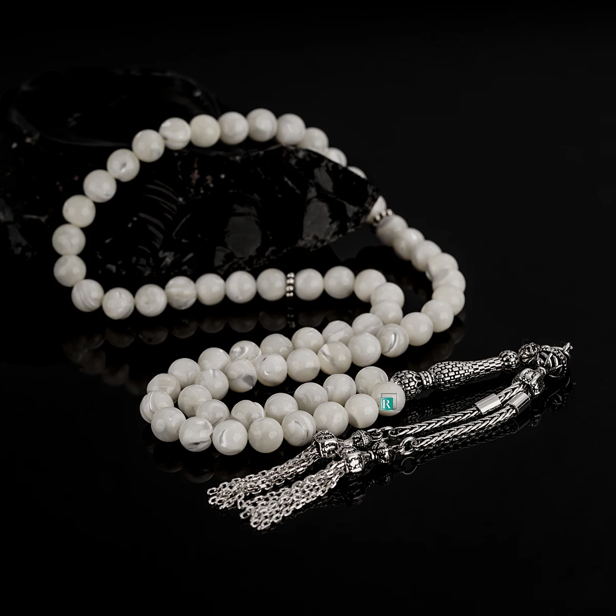 

66 Rosary Shall Stone 10-9 mm Tasbeeh Misbaha 925 Silver Tassel Prayer Beads Tasbih