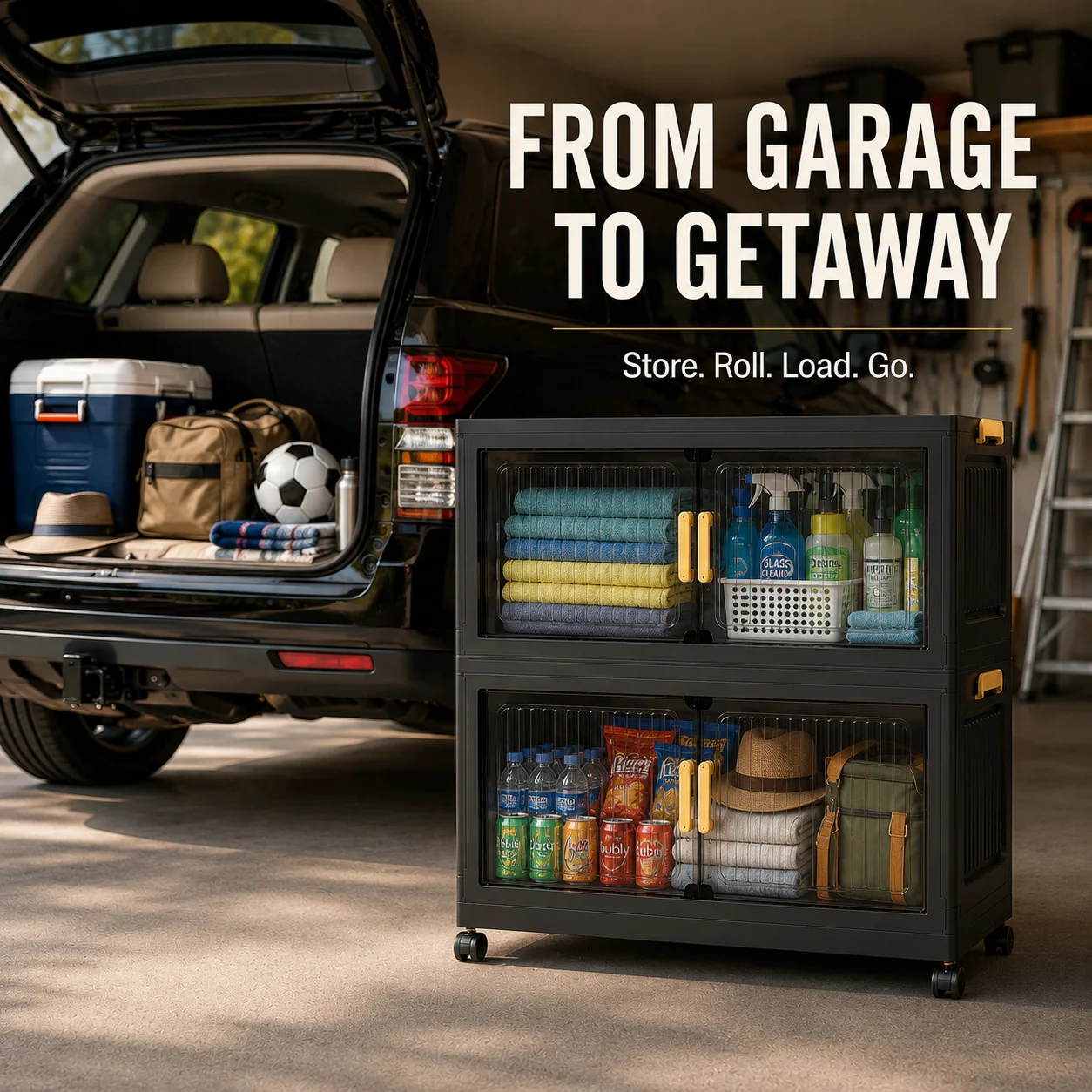 Two-tier foldable garage and SUV trunk, stackable storage cabinets, no assembly needed, foldable storage box with ribbed transparent double doors, gold handle and side handles. Lockable storage box with wheels, perfect for garage, SUV trunk, and camping u