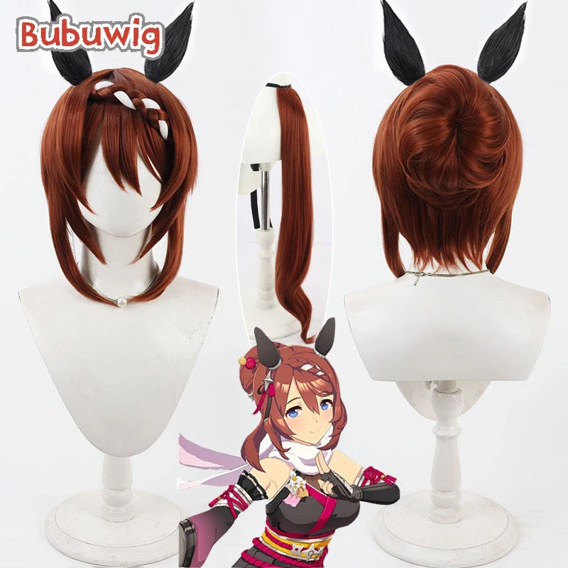 

Bubuwig Synthetic Hair Super Creek Cosplay Wigs With Buns Ears Uma musume: Pretty Derby Super Creek Red Brown Wig Heat Resistant