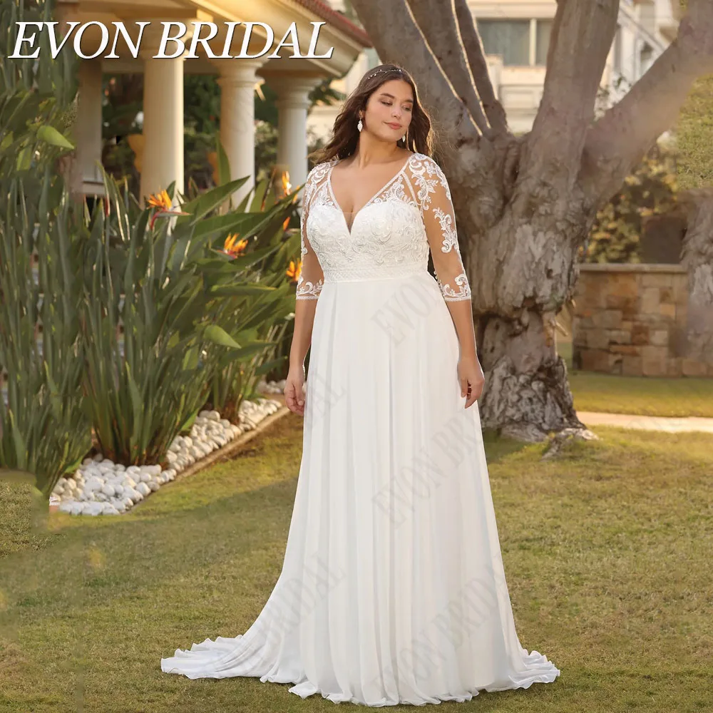 

EVON BRIDAL Civil 3/4 Sleeves Wedding Dress Plus Size V-Neck Chiffon Applique Bride Gown Vestido De Novia A-Line Button Back