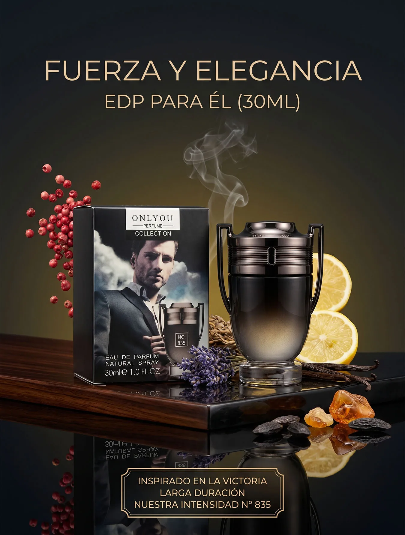 Perfume ONLYYOU No. 835 Para Hombre 30ml Eau De Parfum Aroma Oriental Ambarado Notas De Vainilla Y Ámbar Loción De Larga Duración Diseño Trofeo Icónico Portátil Ideal Para Citas Y Eventos Nocturnos Caballero Moderno