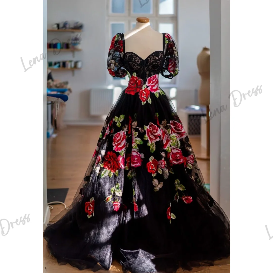 Lena Elegant Formal Dresses for Women Evening Dress Es Black Embroidered Lace Line A Square Collar Woman Party Dress Ball Gowns