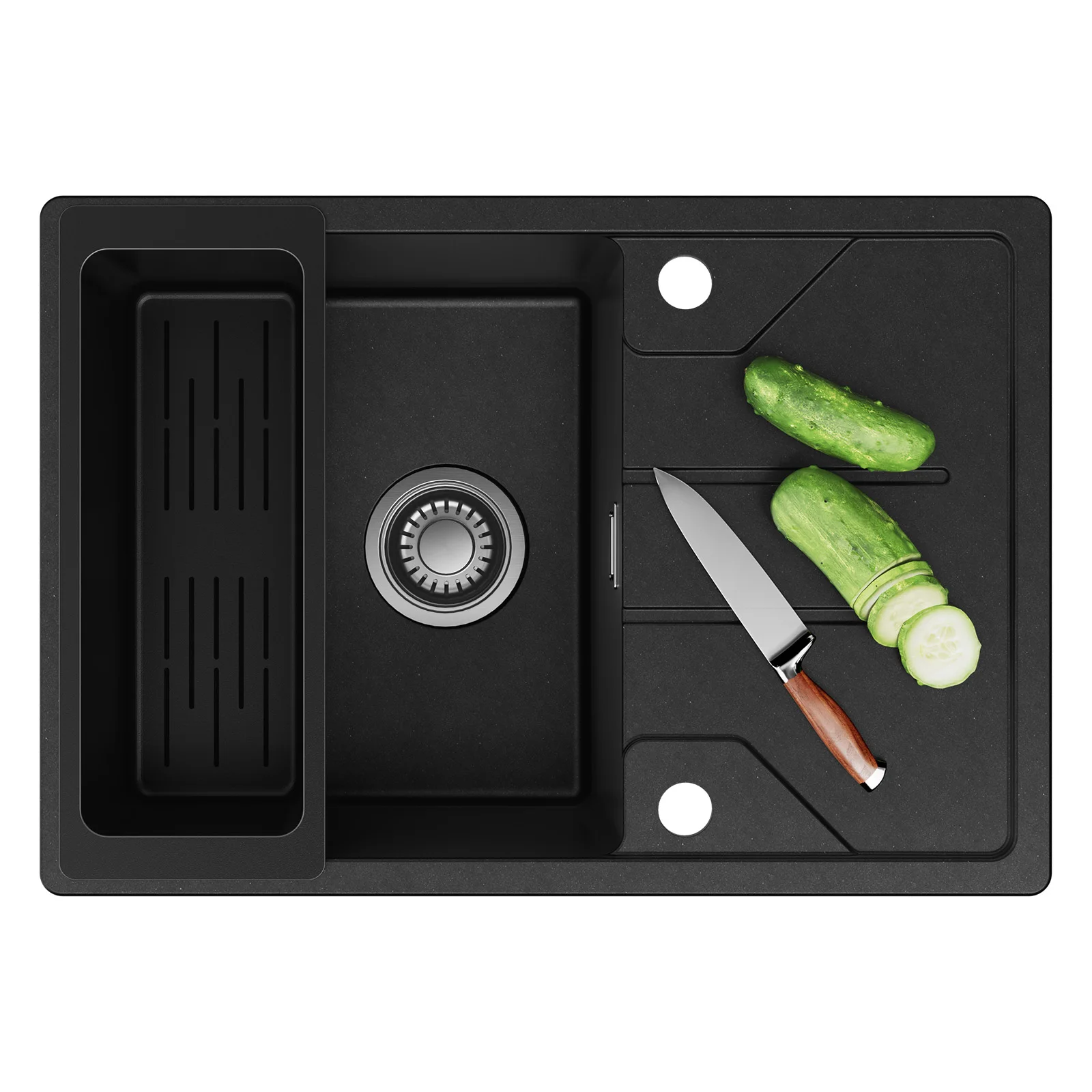 Fregadero de Cocina Negro Cuarzo Compuesto Tecnología T4 Resistente al Calor Fregadero 65x45cm con Escurridor y Cesta Anti-manchas Sifón Anti-olor Piedra Artificial Gran Durabilidad Cubeta Única