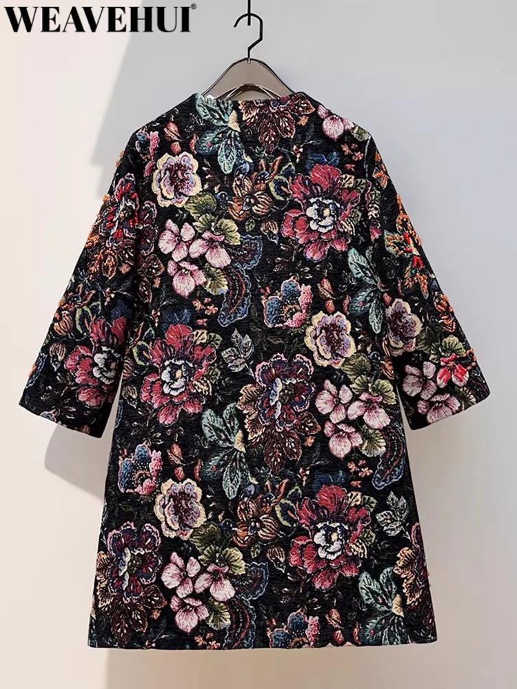WEAVEHUI Women Vintage O-Neck 4/3 Sleeve Concealed Buttons Embroidery Beading Winter medium and long Trench Coat