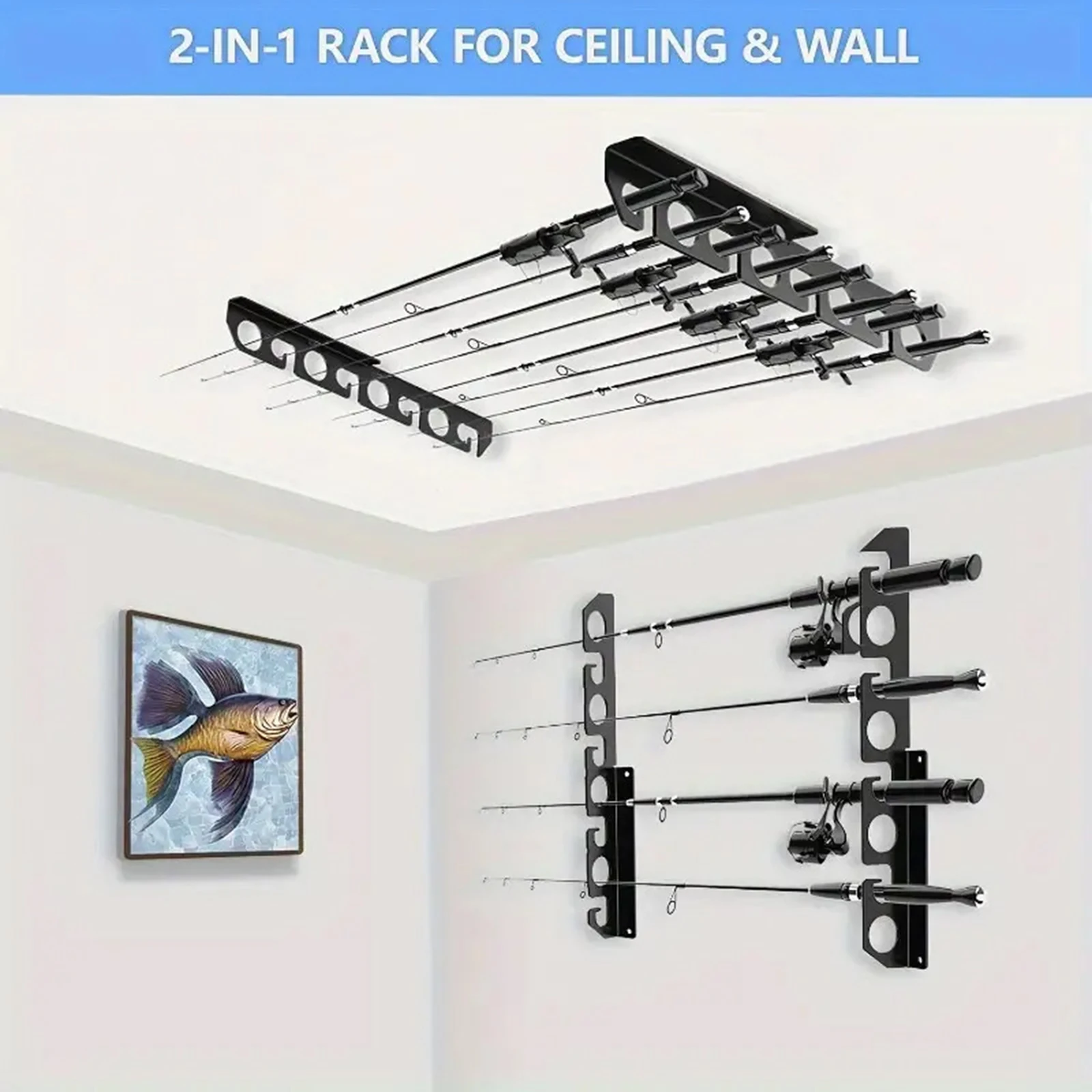 Fishing Rod Rack Wall Ceiling Mount Fishing Rod Holder for Garage Storage Organizer Fishing Gear Men Women Fishing Accessory