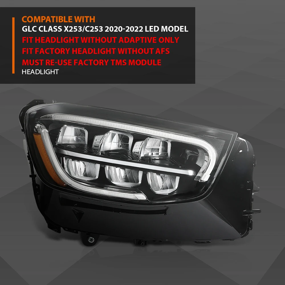 

Светодиодная фара без Afs, передняя правая сторона пассажира, подходит для Mercedes Glc Class 2020-2022, прозрачные линзы, черный корпус, водонепроницаемый