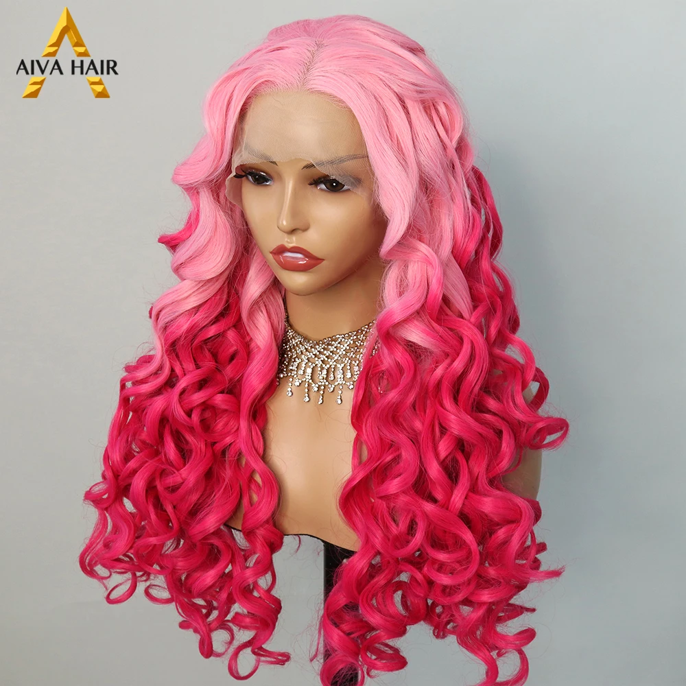 Ombre Pink Colored Synthetic Wig High Temperature Fibe 13X4 Lace Front Wig Pre Plucked Glueless Body Wave Wigs For Black Women