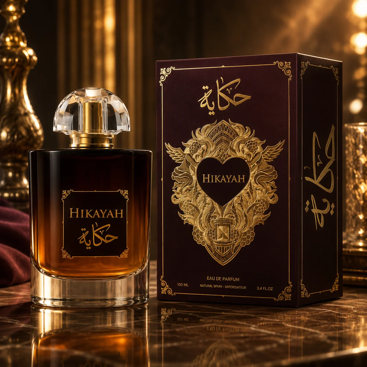 Parfum Hikayah, 100 ml. Parfum floral oriental et féminin aux notes d'agrumes en tête, un cœur de rose, de géranium et d'épices douces, et une base orientale luxueuse d'ambre chaude et de musc.