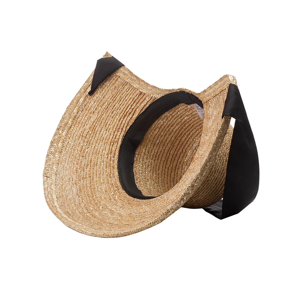 Classical Women Straw Bucket Hat Long Black Strap Summer Hat Travel Outdoor Garden Sun Protection Hat Big Wide Brim Beach Hat