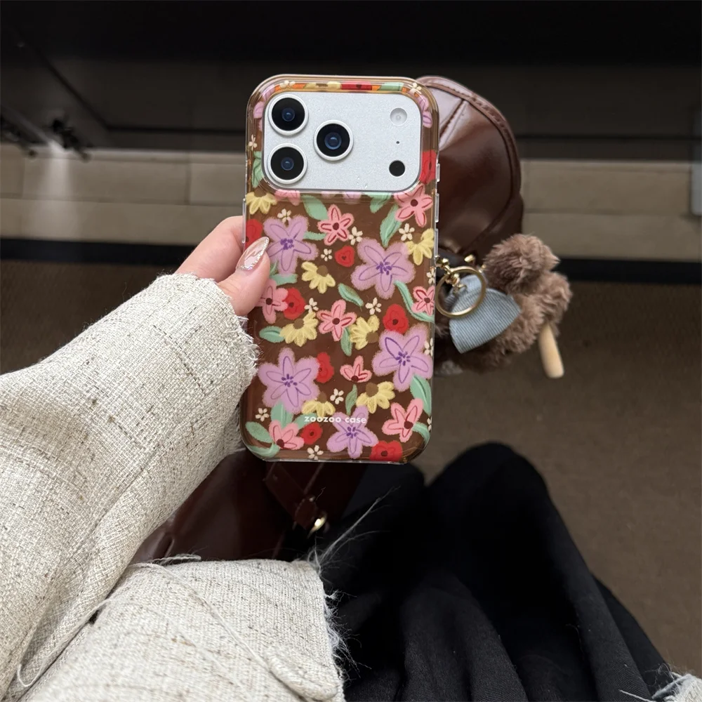 

New double-layer brown base oil painting line flower protective case, suitable for iPhone 17/13/14/15/16 Promax anti drop large