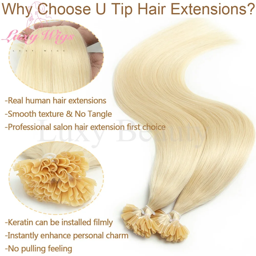 Blonde U Tip Nail Tip Hair Extensions Human Hair Keratin Tip Hot Fusion Human Hair Extensions Black Brown Pre Bonded Hair 50pcs