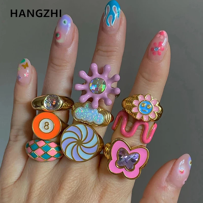 HangZhi 2021 New INS Flower Butterfly Checkered Windmill Dripping Oil Glazed Geometric Chunky Ring for Women Y2K Party Jewelry