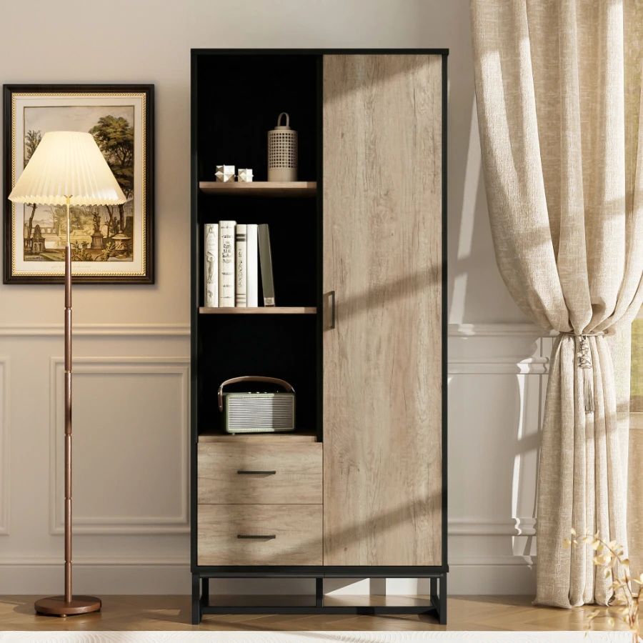 Meuble moderne haut 80x40x180 cm imitation bois avec cadre noir, avec portes, 2 tiroirs et 3 compartiments ouverts - espace de rangement polyvalent dans le salon, le bureau et le couloir