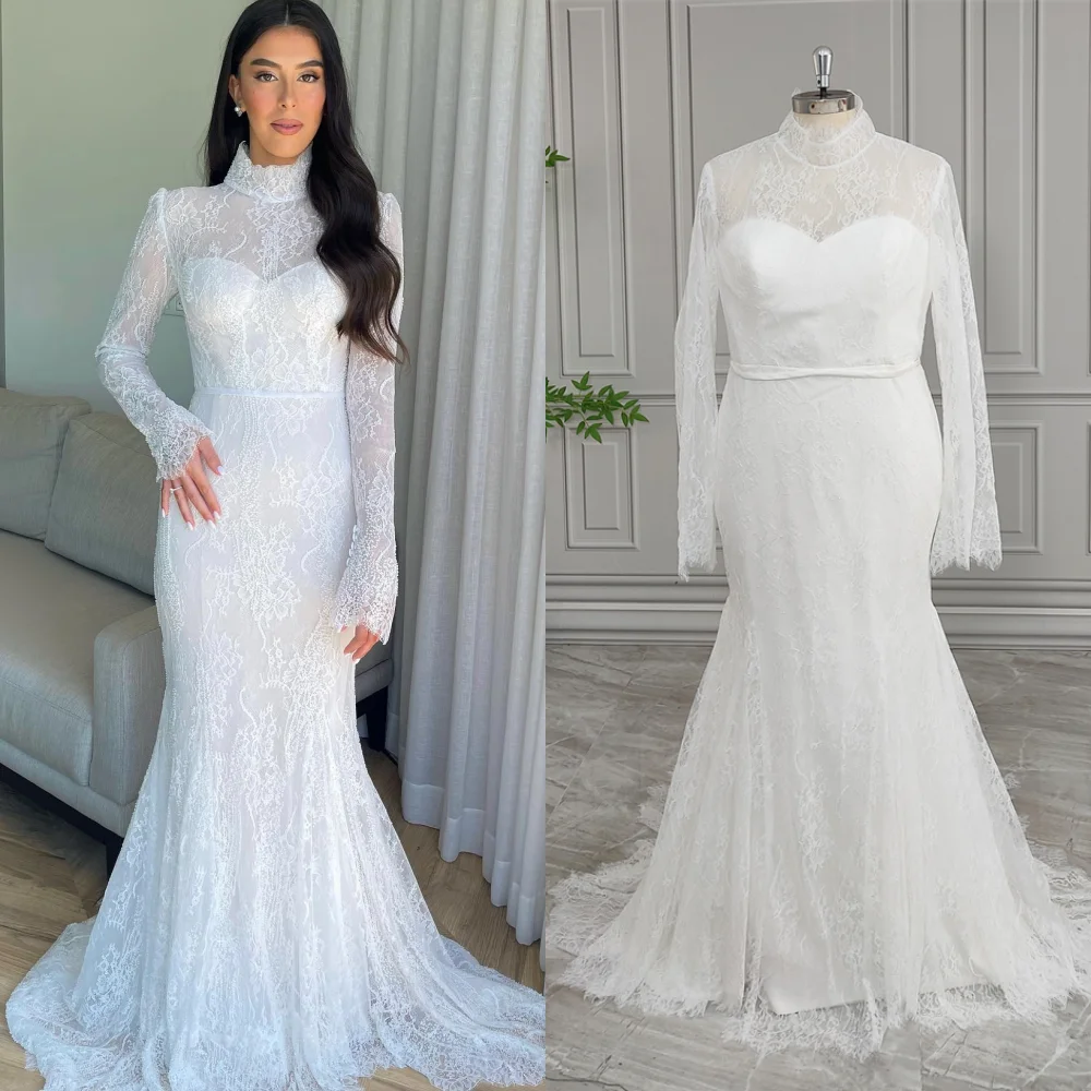 

15965# Real Photos Unique Long Sleeves High Neck Mermaid Lace Wedding Dress For Women Bridal Gown With Pearls Custom Made