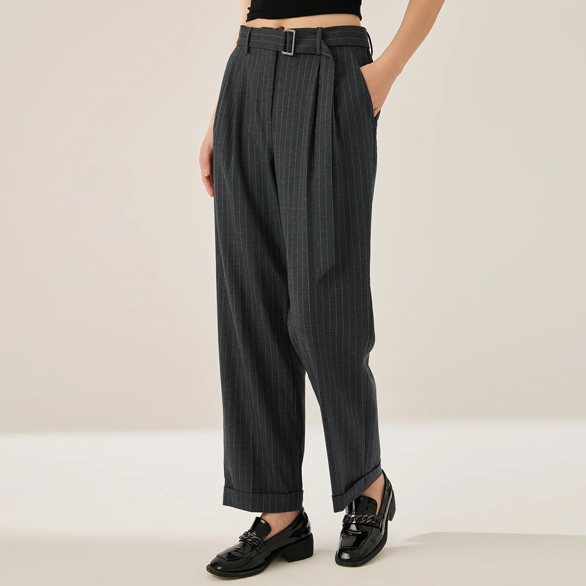 KL7523421 High-Waisted Straight Leg Wool Suit Pants for Women Elegant Business Casual Pinstripe Trousers