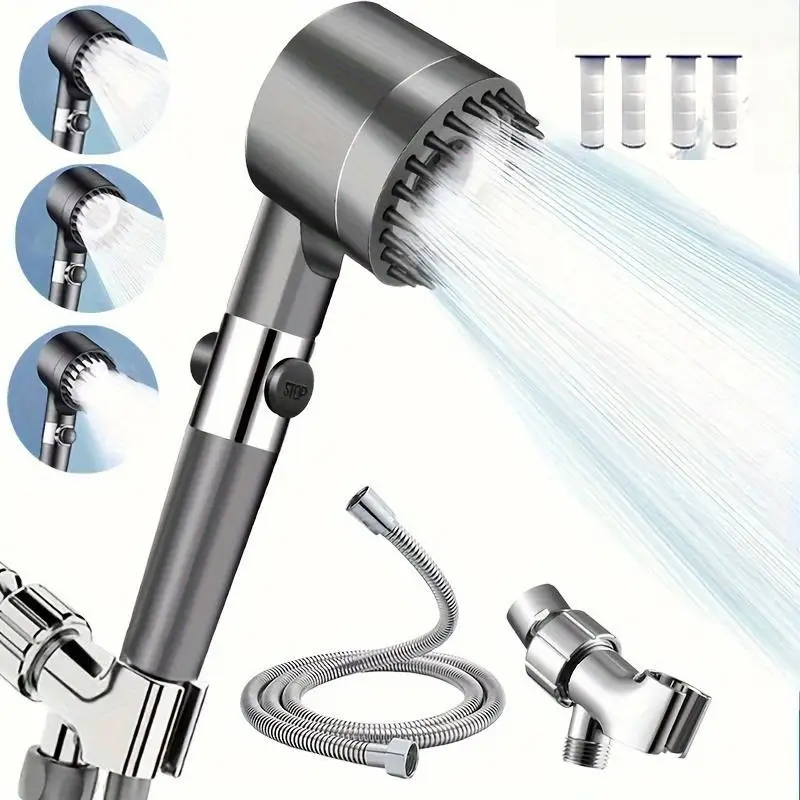 Stainless Steel Fixer+4 Filters Shower Head Set, 3 Adjustable Modes, Stainless Steel Panel & Adapters, Perfect Christmas Gift, C