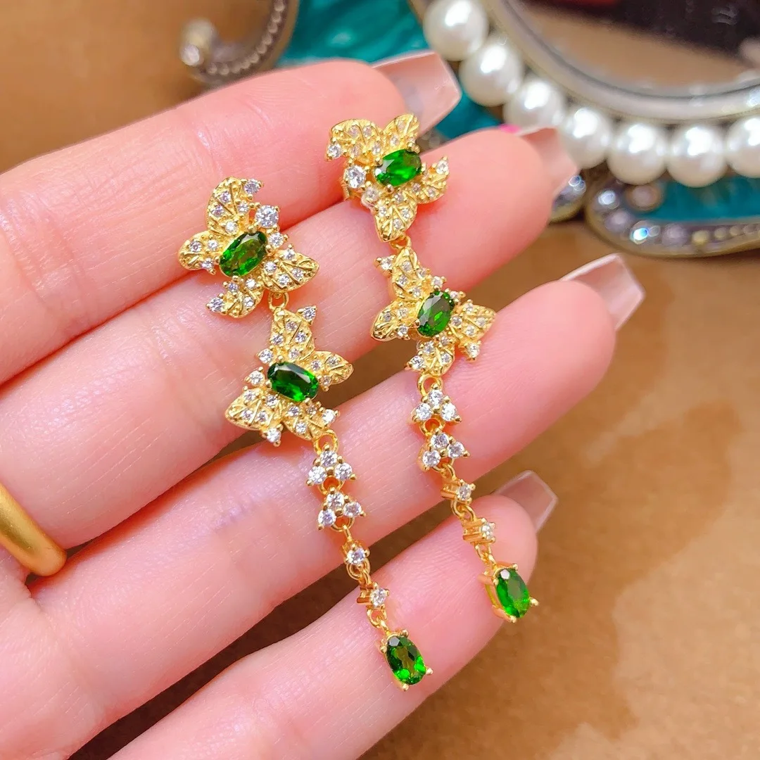 ブティックジュエリー、女性用天然透輝石イヤリング、3x5mm 電気メッキ 18K ゴールド、誕生日パーティー、結婚式、ギフトに。