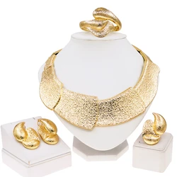 Dubai Gold Plated 24K Shiny Necklace Bracelet Ring Women Jewelry Set Exaggerated Style Banquet Party Bijoux Nigeria Wedding