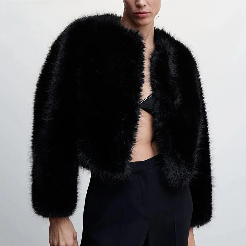 Ins Hot Brand Fashion Black Warm Cozy Cropped Faux Fur Coat Women Winter 2024 Chic Girls Street Fashion Luxury Short Fur Jacket — zdjęcie 2