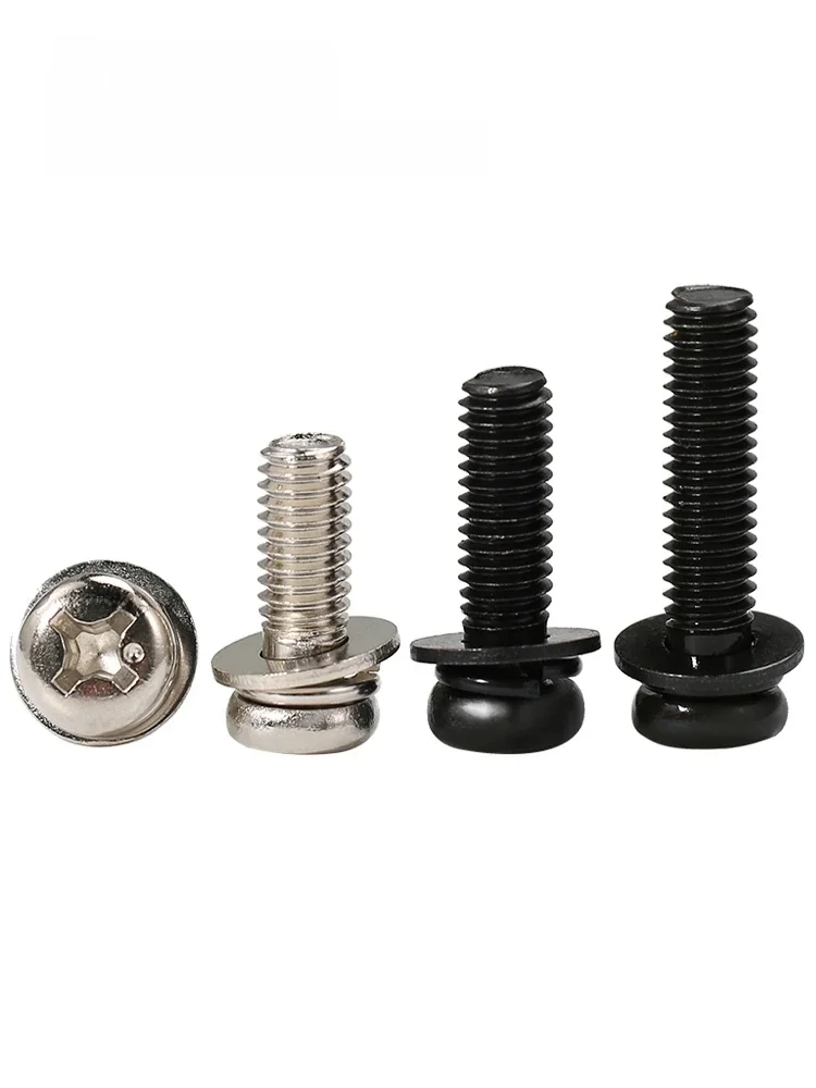 Vis à tête ronde Phillips en Zinc/Nickel noir, avec rondelles plates, boulons d'assemblage, M2 M2.5 M3 M4 M5 M6