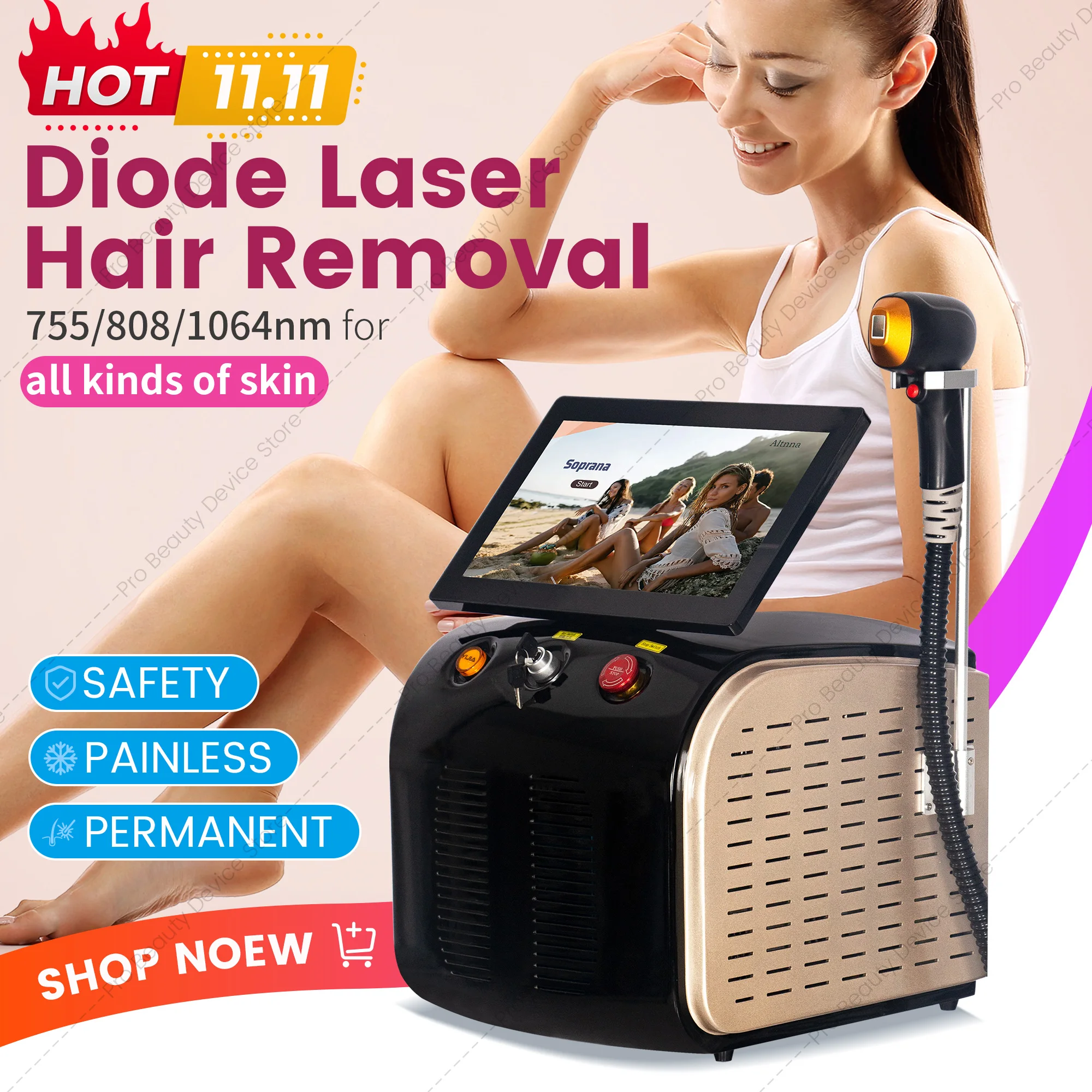 

Безболезненный ледяной титановый диодный аппарат для удаления волос 808 нм, александрит, 4000 Вт, средство для удаления волос, 3 длины волны, безболезненный постоянный эпилятор